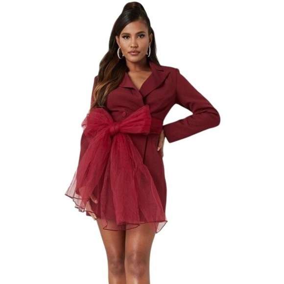 Missguided Plus Size 18 Blazer Dress Mesh Bow Waist Burgundy Red Party - Picture 10 of 10